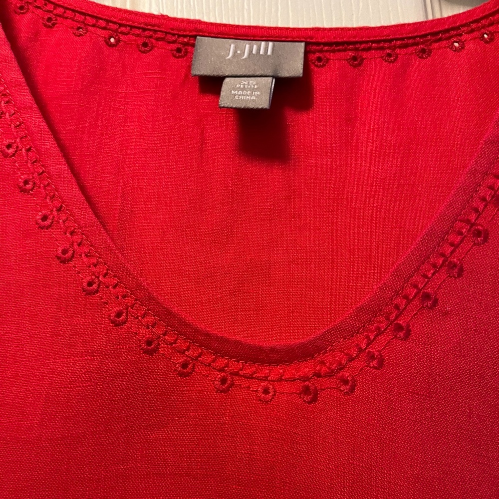 J. Jill Red Embroidered Scoop Neck Blouse 100% linen